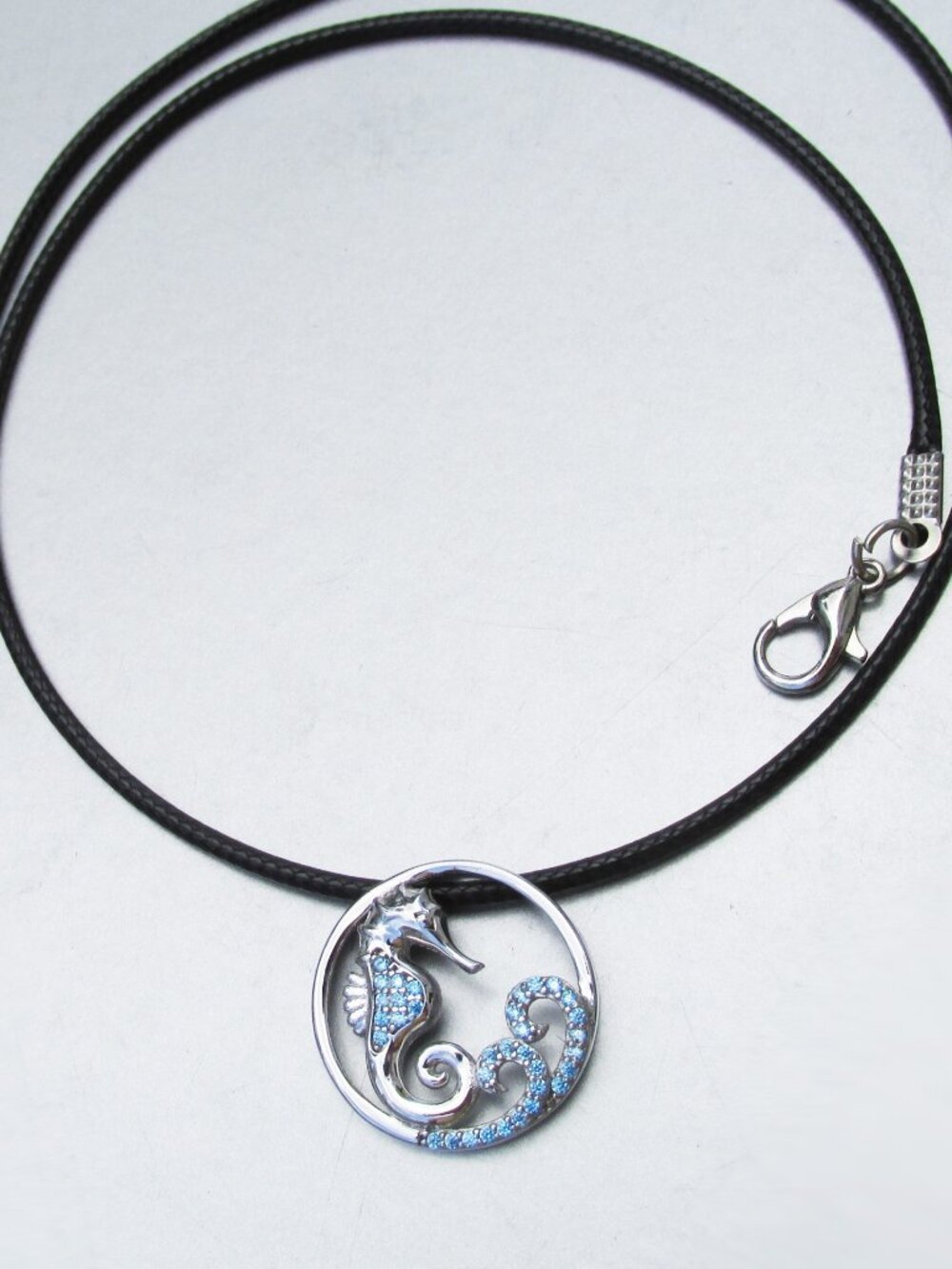 Vintage Sterling Silver SEAHORSE Blue Rhinestone Pendant Cord Necklace